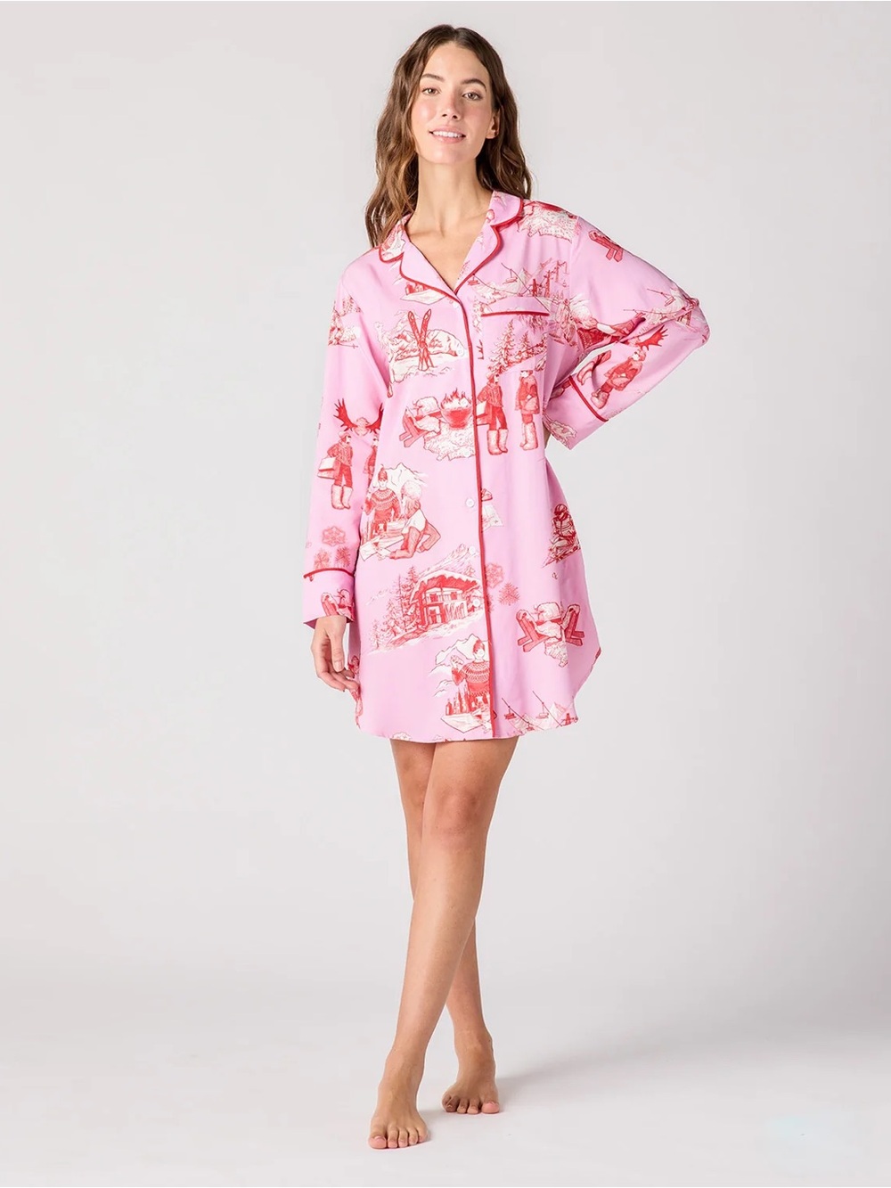 NWT Katie Kime Après Ski Toile Sleep Shirt Pajama Dress Pink Sz M